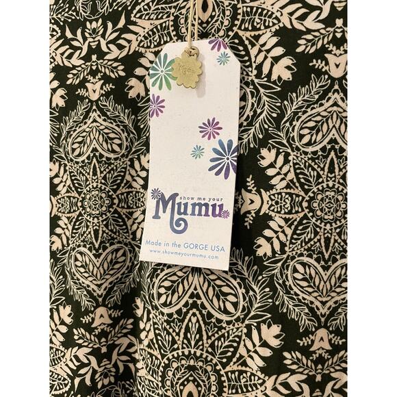 NWT Show Me Your Mumu Size S Mini Dress Olive Green Cream Batik Print Jersey - Picture 3 of 6